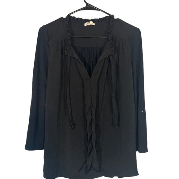 Meadow Rue Black Long Sleeve Layered Ruffled Front Tie Neck Blouse Women Sz S - Picture 3 of 12